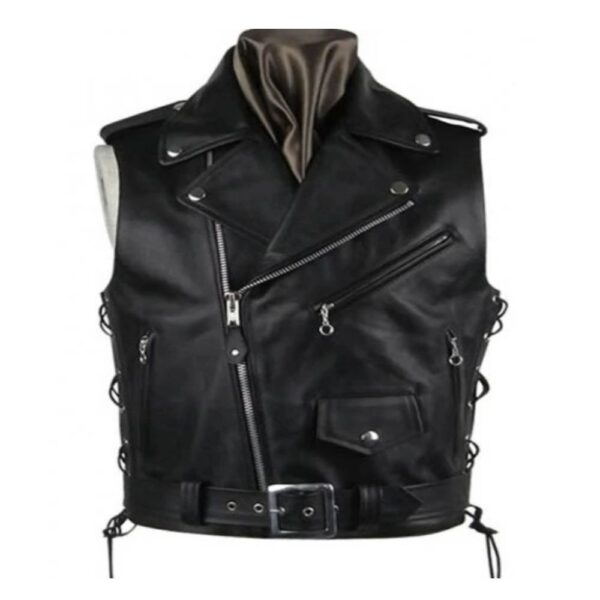 Biker Style Mens Black Leather Vest