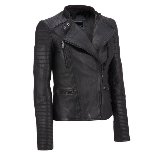 Marcella Black Asymmetrical Motorcycle Leather Jacket for Women