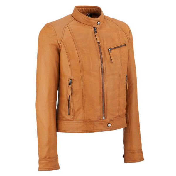 Women's Cognac Waxed Real Leather Moto Jacket