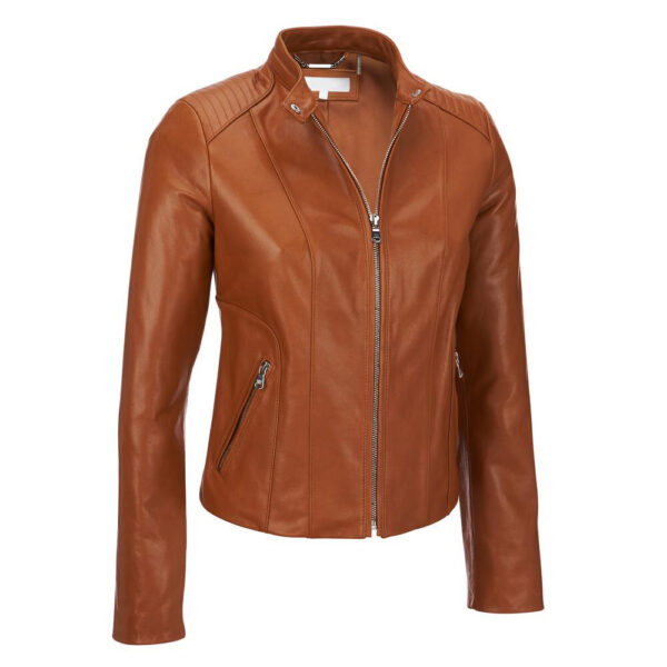 Women's Tan Brown Cafe Racer Leather Biker Jacket