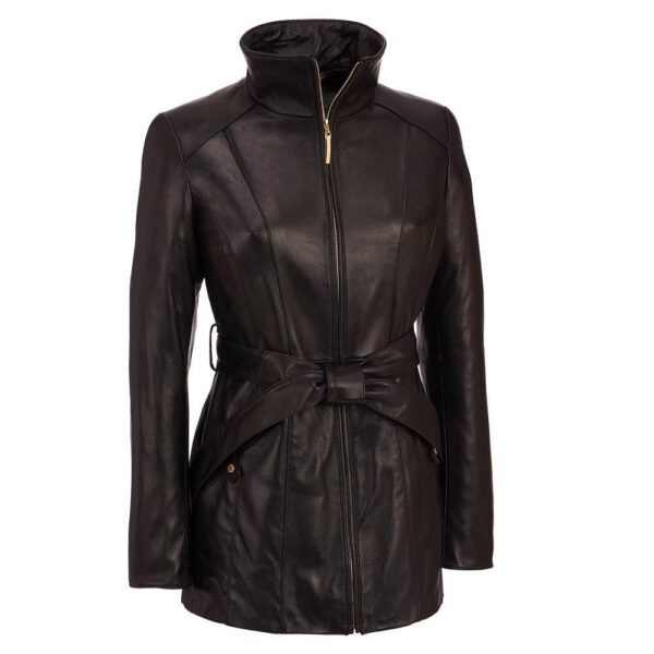 Women's Black Zipper + Black Belted 3 4 Length Leather Car Coat