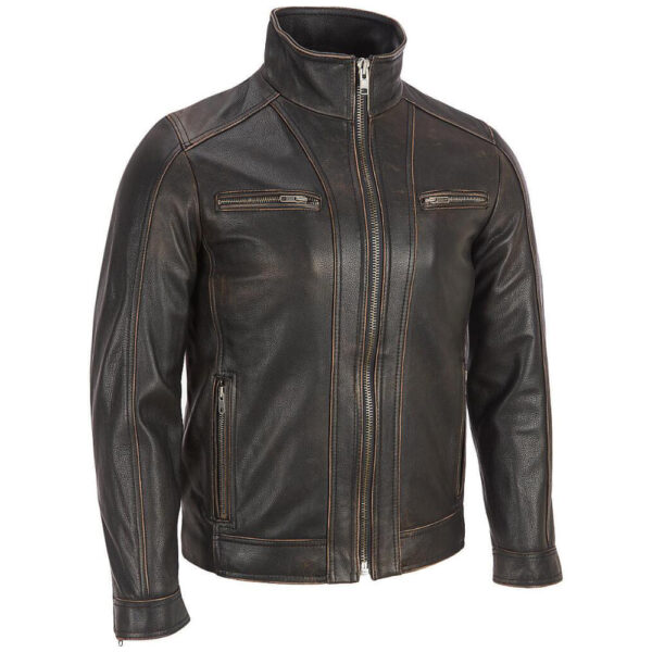 Dodge Men's Brown Leather Cafe Racer Jacket Biker Jacket