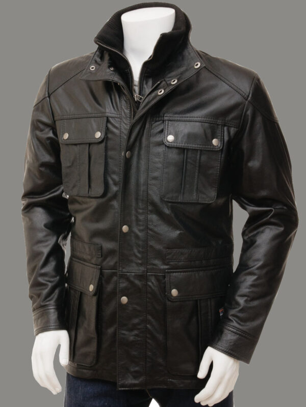 Mens Safari Style Leather Jacket Black