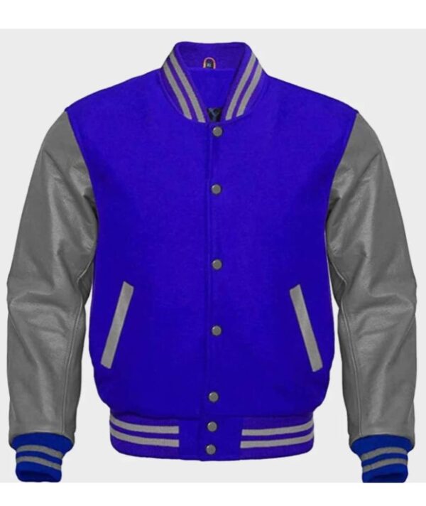 Pure Blue And Gray Varsity Jacket For Men