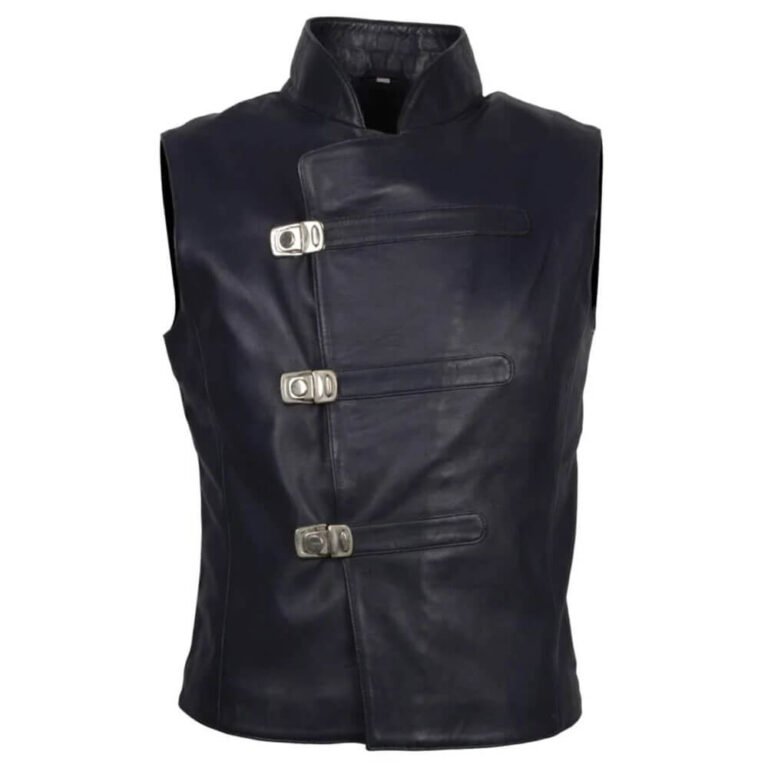 Men’s Black Leather Vest with Three Buckle Fastenings