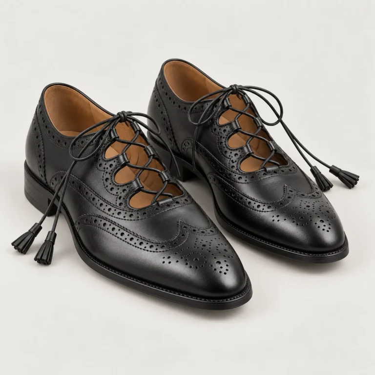 Black Scottish leather ghillie brogue shoes with long tassel laces