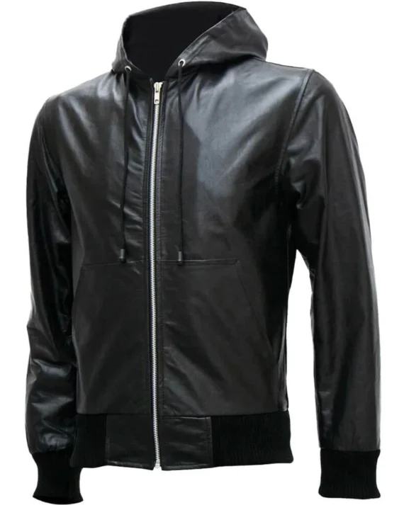 black leather jacket with hood