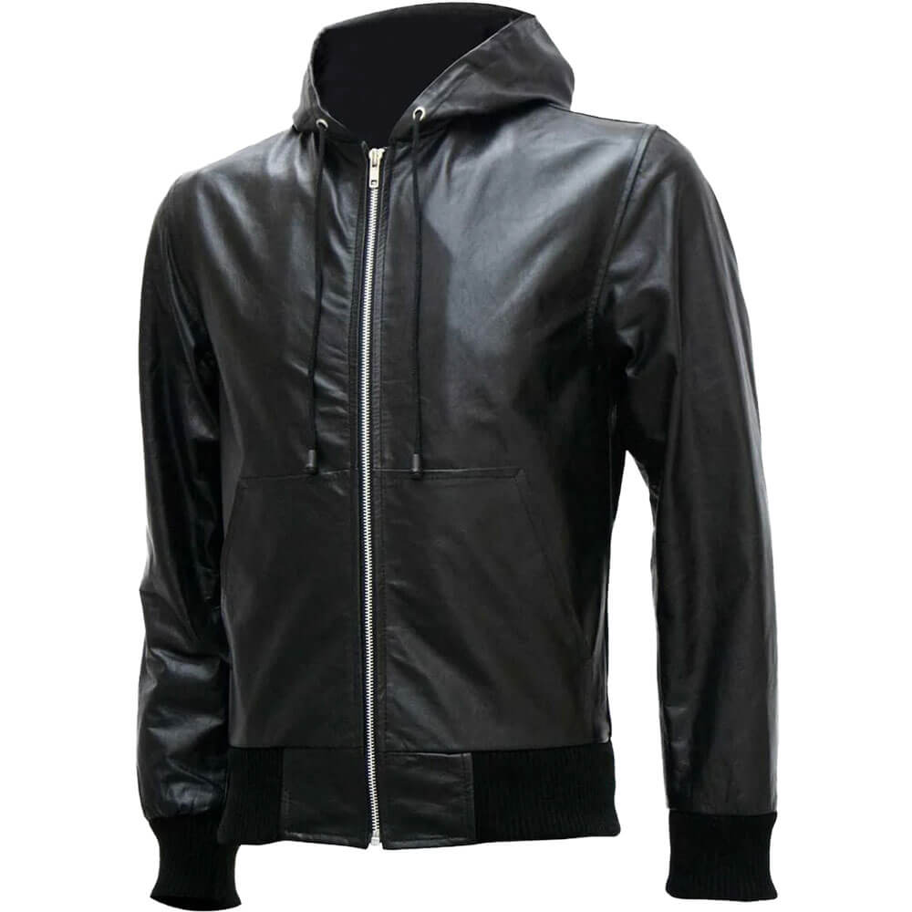 black leather jacket with hood