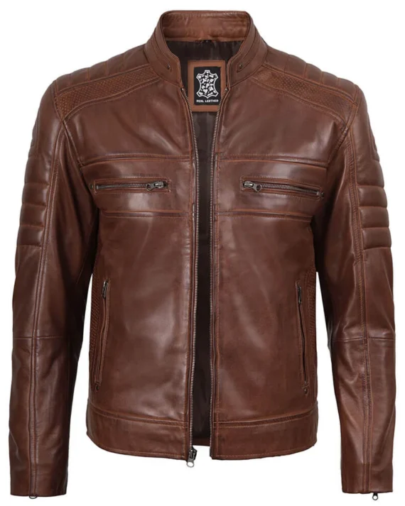 Front view of men's brown leather jacket with quilted sleeves and stand collar