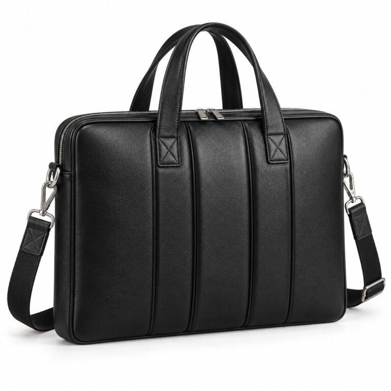 Black Vertical Rib Leather Laptop Briefcase