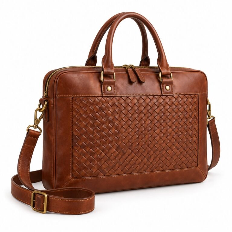 Cognac Woven Inset Leather Laptop Briefcase