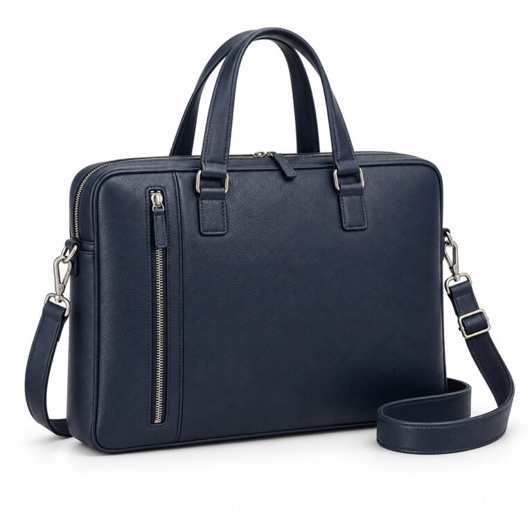 Navy Vertical Pocket Leather Laptop Bag