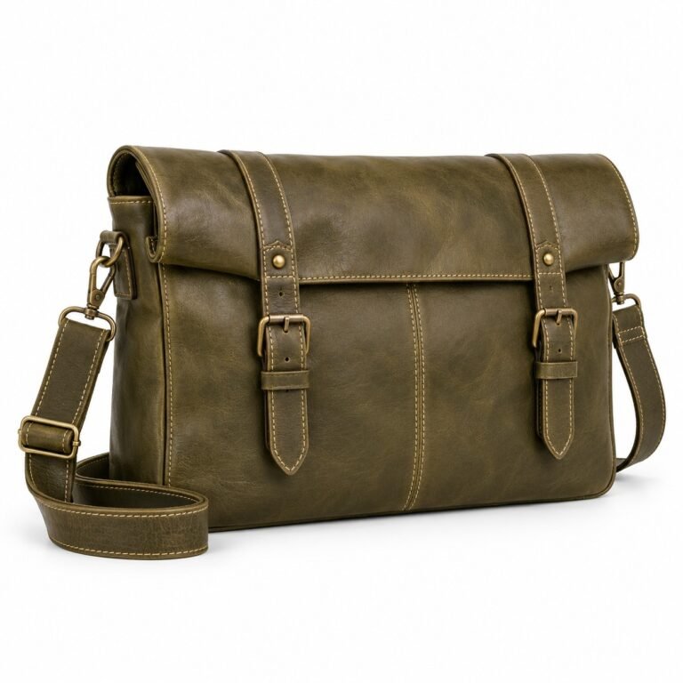 Olive Roll Flap Leather Laptop Messenger Bag