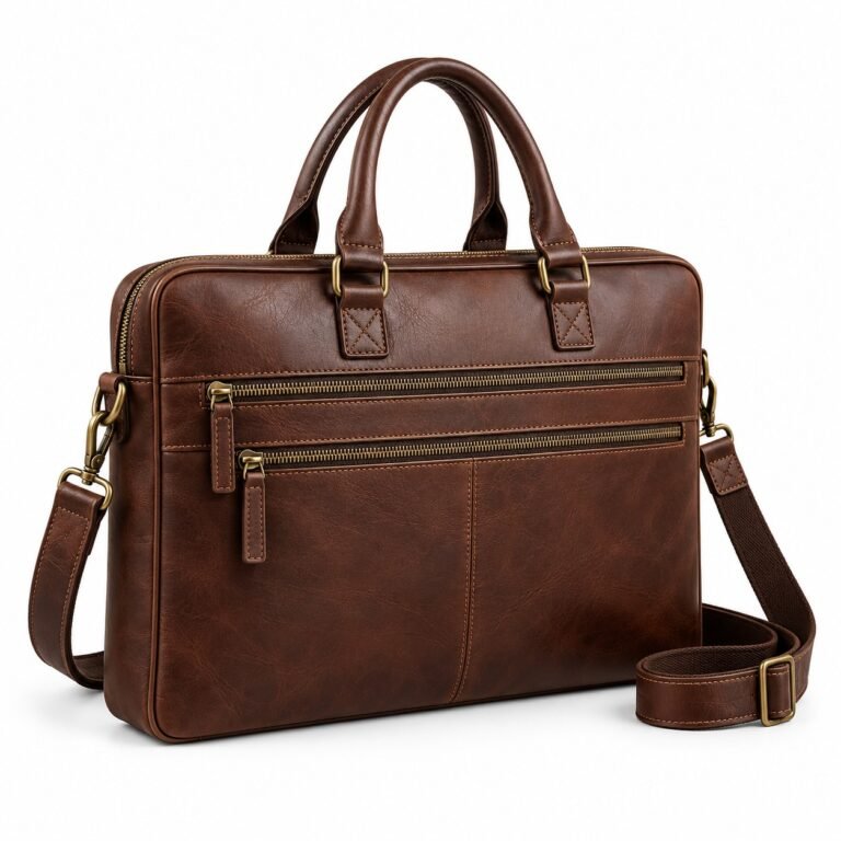 Chocolate Twin Zip Leather Laptop Bag