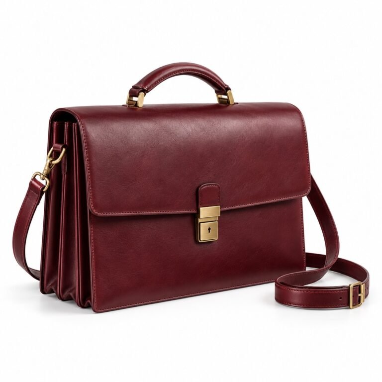 Burgundy Pleated Sides Leather Briefcase Bag