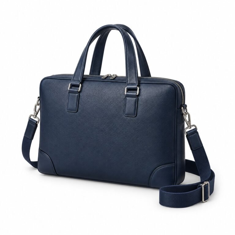 Navy Corner Tabs Leather Laptop Briefcase