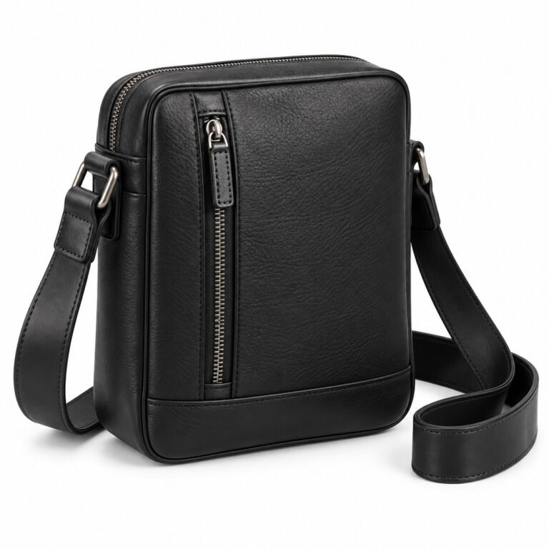 Men's Black Vertical Zip Leather Crossbody Bag