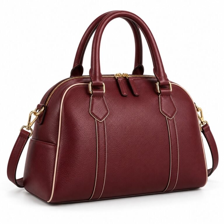 Women's Burgundy Wide Base Leather Bowling Handbag