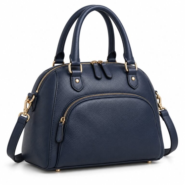 Women's Navy Front Pocket Leather Bowling Handbag