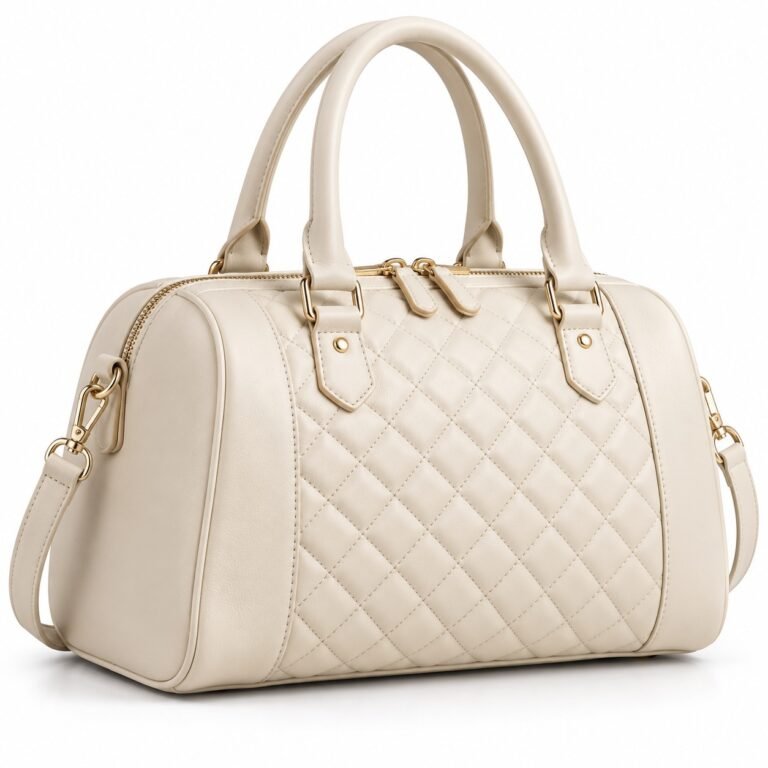 Women's Cream Quilted Panel Leather Bowling Handbag