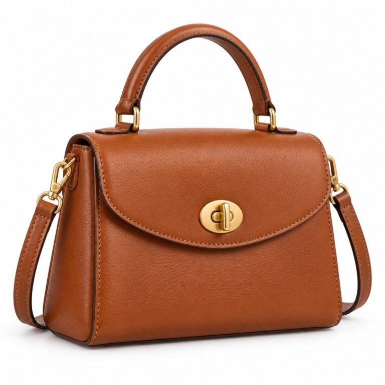 Women's Cognac Turnlock Leather Top Handle Handbag