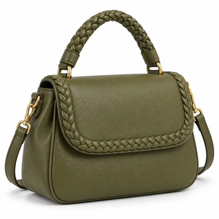 Women's Olive Braided Flap Leather Top Handle Handbag