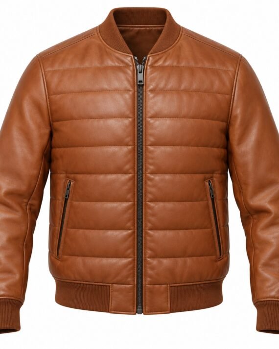 Men's Cognac Channel Quilted Leather Bomber Jacket