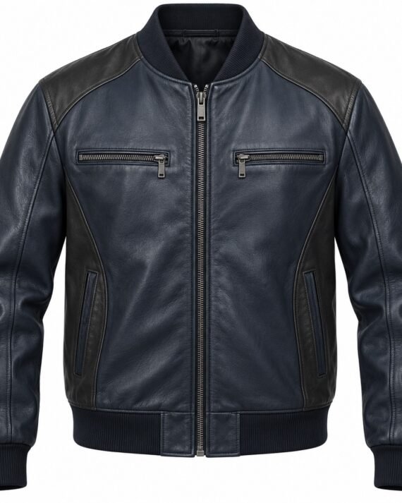 Men's Navy Contrast Yoke Leather Bomber Jacket