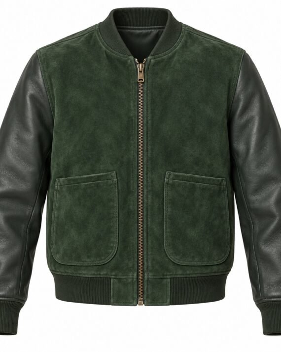 Men's Forest Green Suede Panel Leather Bomber Jacket