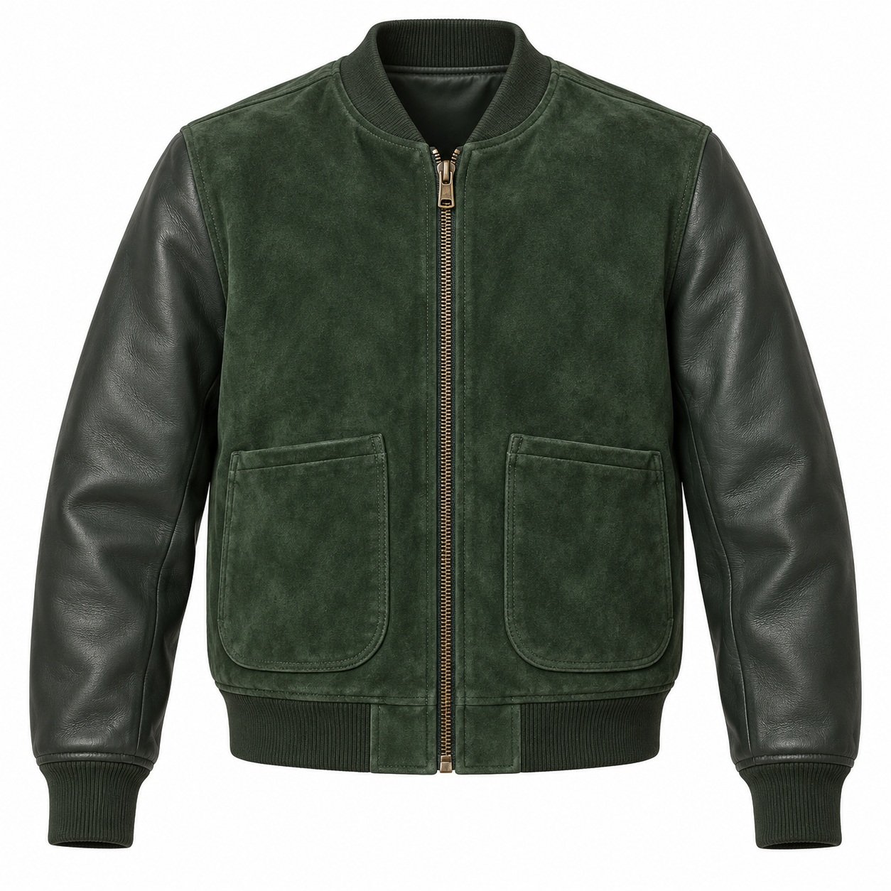 Men's Forest Green Suede Panel Leather Bomber Jacket