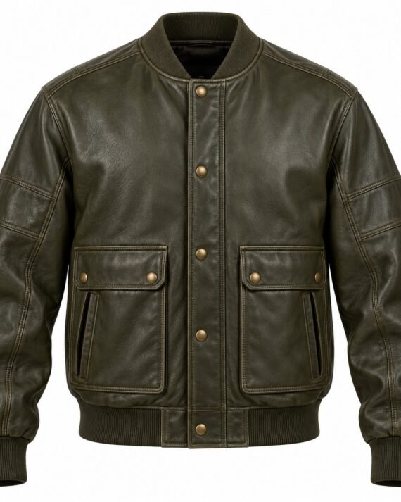 Men's Olive Snap Pocket Leather Bomber Jacket