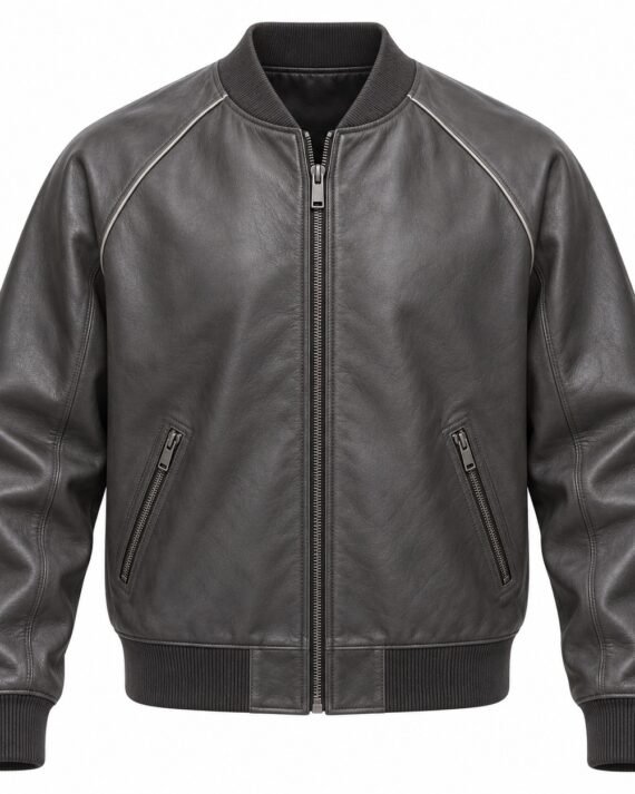 Men's Charcoal Piped Raglan Leather Bomber Jacket