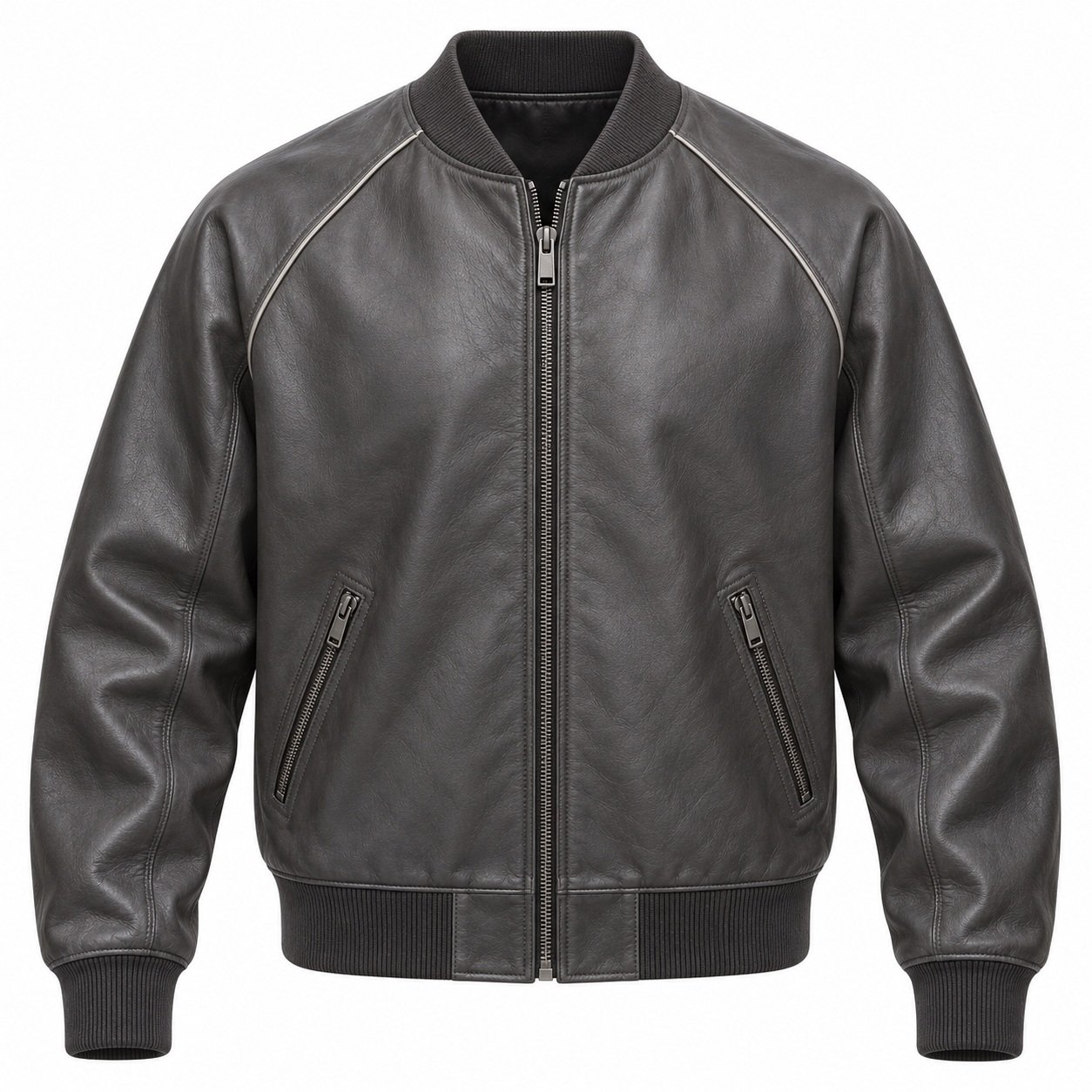 Men's Charcoal Piped Raglan Leather Bomber Jacket