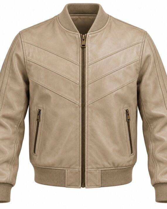 Men's Beige Chevron Leather Bomber Jacket