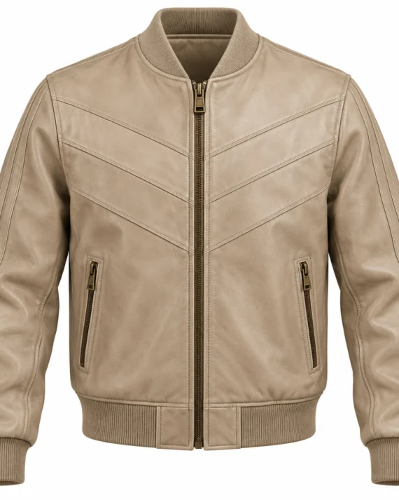 Men's Beige Chevron Leather Bomber Jacket