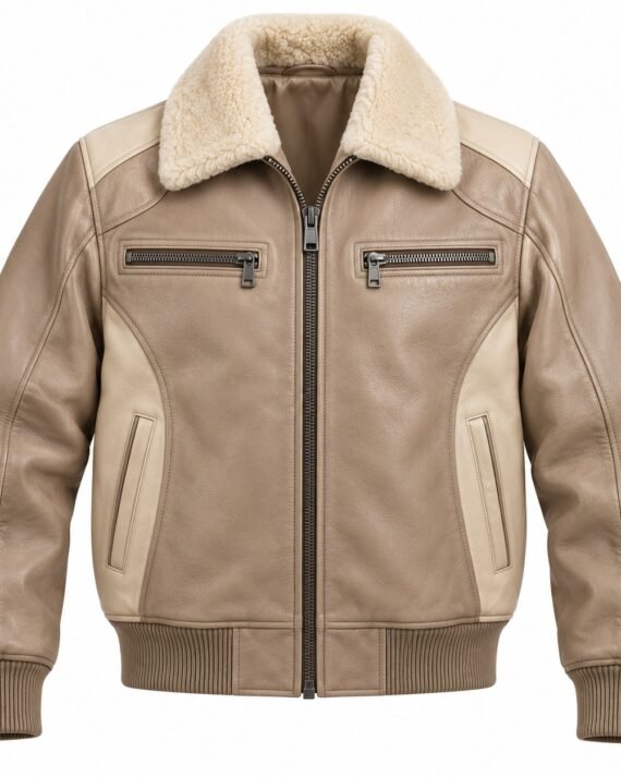 Men's Beige Chest Zip Cream Collar Leather Bomber Jacket