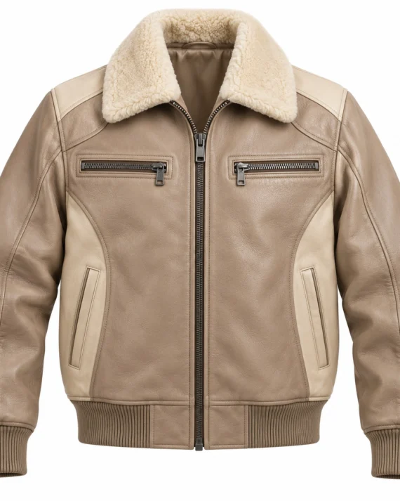 Men's Beige Chest Zip Cream Collar Leather Bomber Jacket