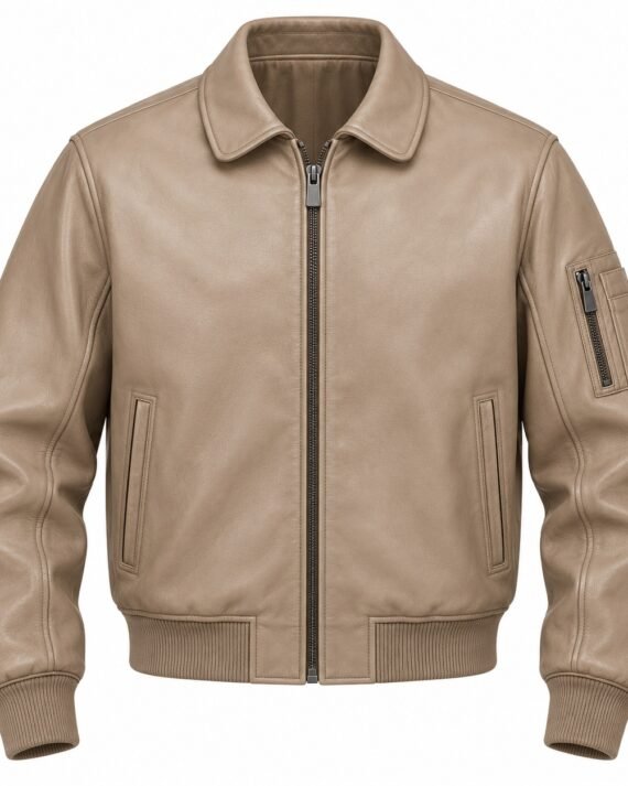 Men's Beige Club Classic Leather Bomber Jacket