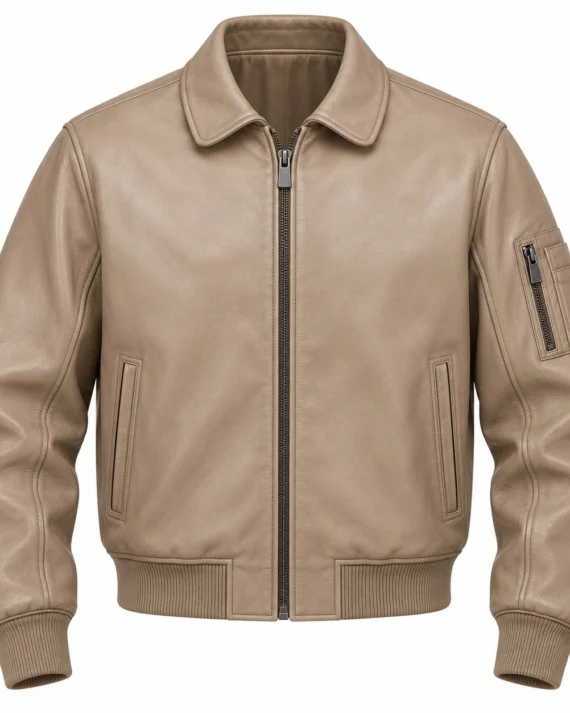 Men's Beige Club Classic Leather Bomber Jacket