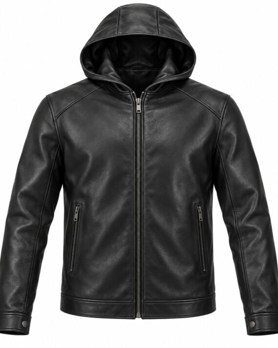 Men's Jet Black Minimalist Classic Zip Hooded Leather Jacket