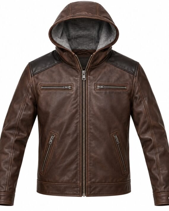 Men's Espresso Brown Chest Zip Classic Zip Hooded Leather Jacket