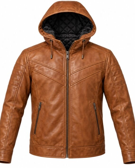 Men's Cognac Tan Chevron Panel Classic Zip Hooded Leather Jacket