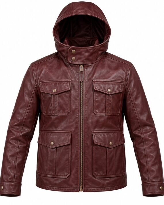 Men's Oxblood Burgundy Flap Pocket Classic Zip Hooded Leather Jacket