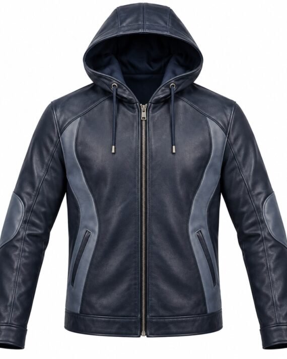 Men's Midnight Navy Contour Panel Classic Zip Hooded Leather Jacket