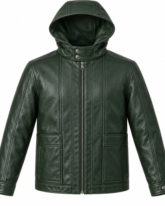 Men's Forest Green Vertical Panel Classic Zip Hooded Leather Jacket