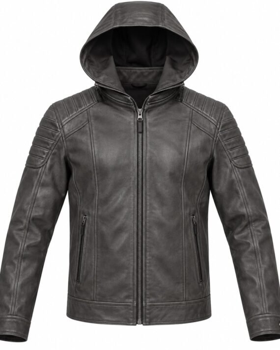 Men's Charcoal Grey Banded Shoulder Classic Zip Hooded Leather Jacket