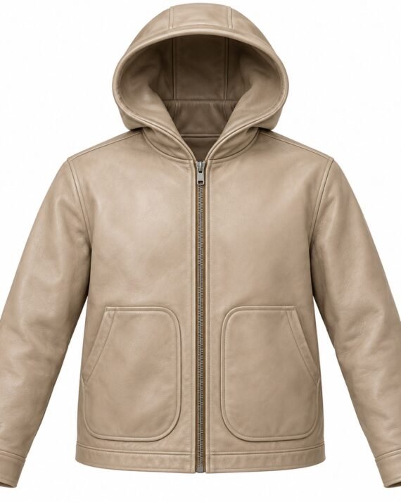 Men's Stone Beige Rounded Pocket Classic Zip Hooded Leather Jacket