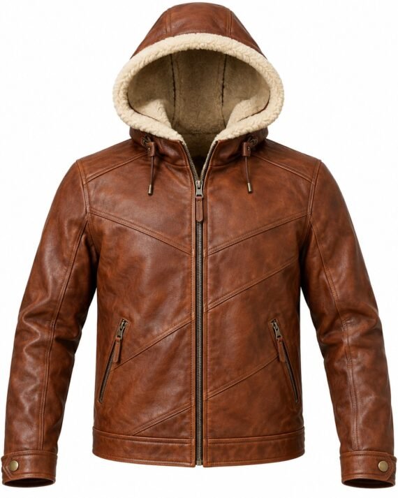 Men's Rust Brown Diagonal Panel Classic Zip Hooded Leather Jacket