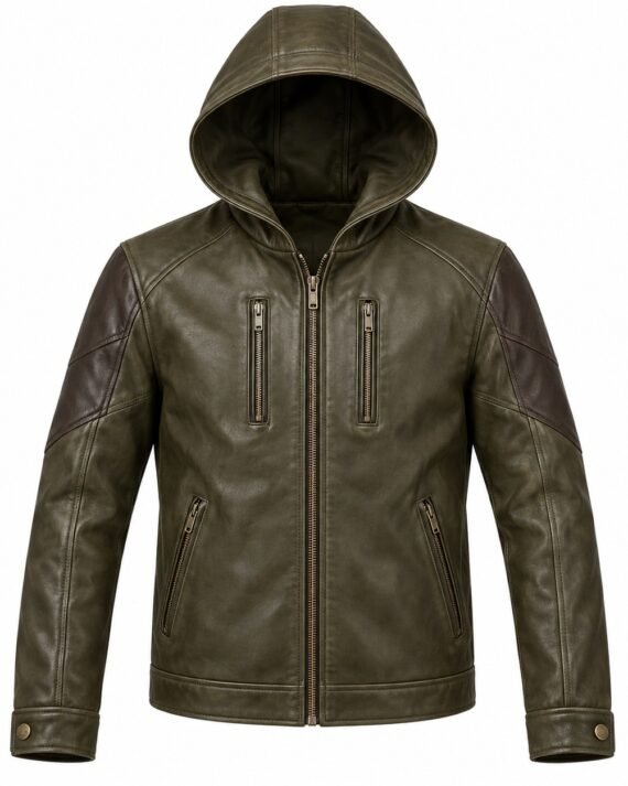 Men's Dark Olive Contrast Sleeve Classic Zip Hooded Leather Jacket