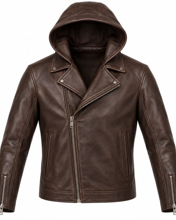 Men's Espresso Brown Minimalist Asymmetric Moto Hooded Leather Jacket